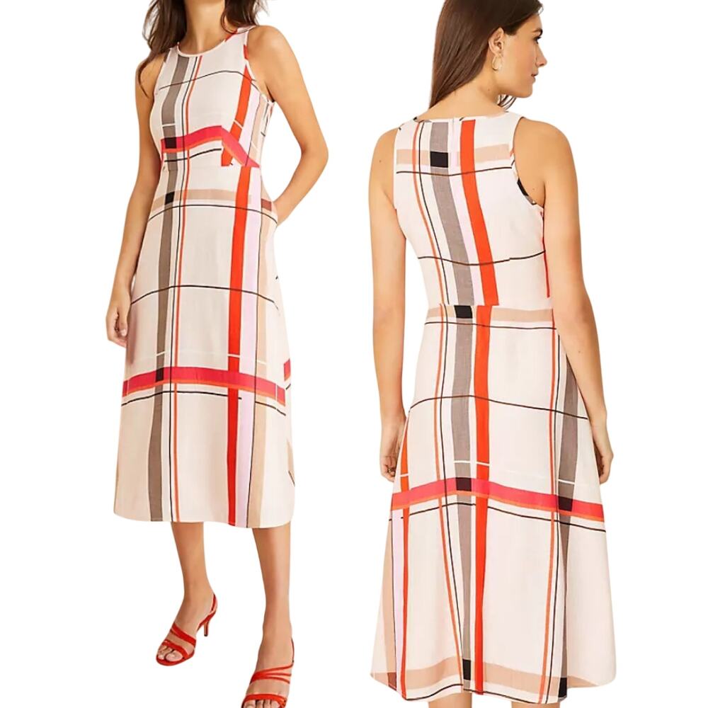 Ann Taylor Plaid Midi Dress - Red, Brown, White
